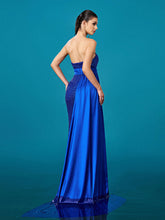 Blue Strapless Draped Backless Sequin Prom Dress